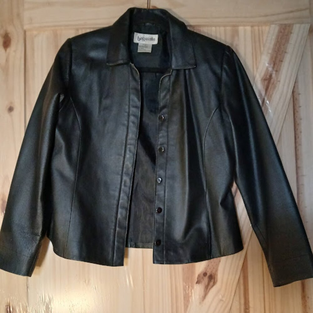 Bagatelle Black Leather Jacket Small covered buttons side slit bottom